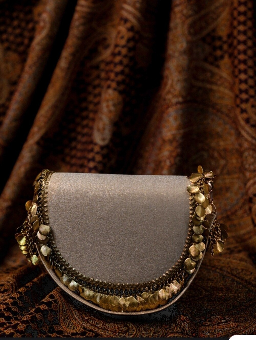 Elegant Metallic Gold-Trim Crescent Evening Bag